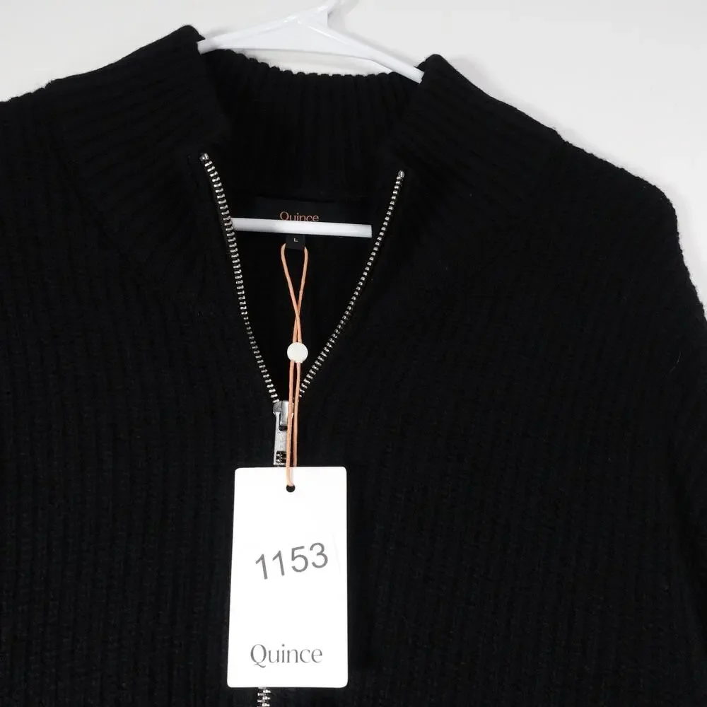 New Quince Men’s Large Black Cashmere Fisherman Full Zip Sweater Preppy Retro